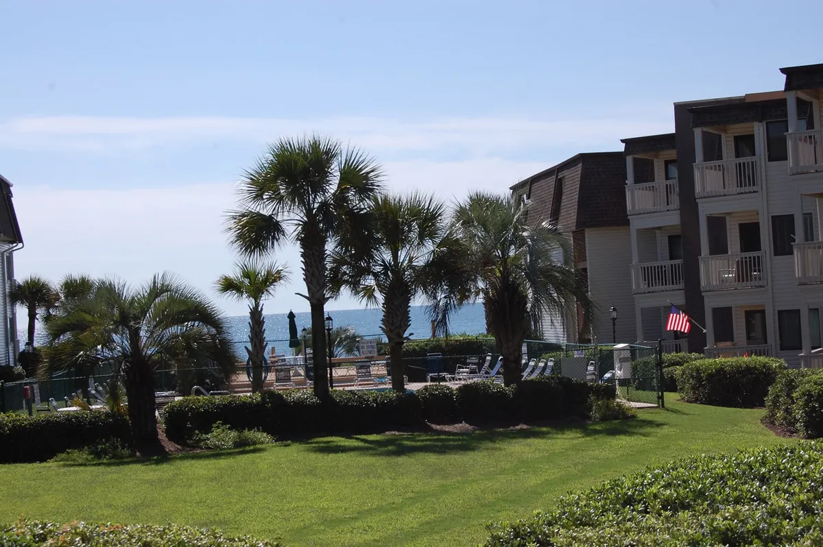 A tranquil exterior shot of the Ocean Forest Villas property shows sun-kissed swimming pools surrounded by palm trees, with balconies overlooking both the pool area and the distant ocean. The scene suggests relaxation and poolside enjoyment in a resort setting.